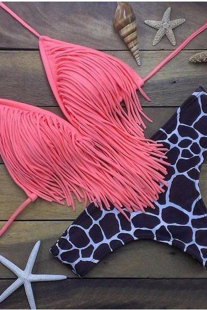 Leopard Print Tassels Strapless Bikini Set