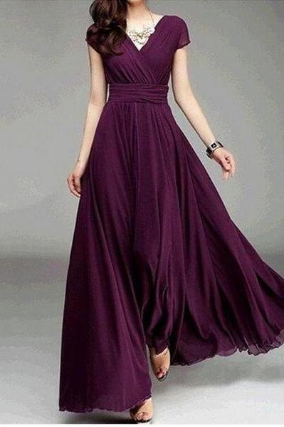 Bohemian Pure Color Short Sleeves V-neck Long Dress