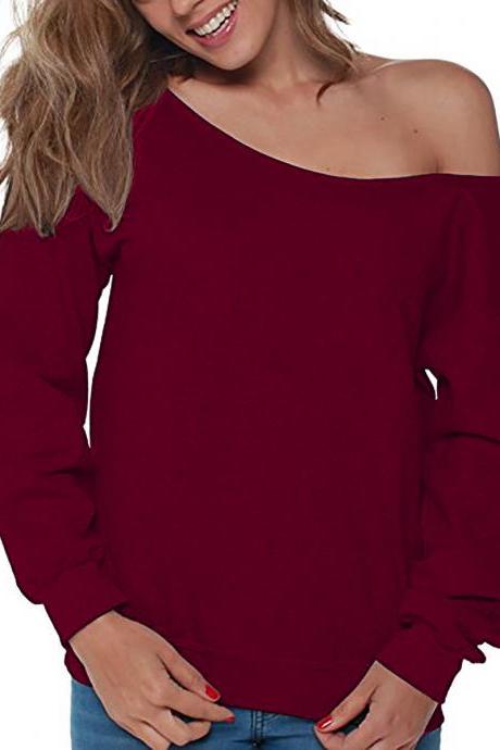 One Shoulder Pure Color Long Sleeves Sweatshirt Blouse
