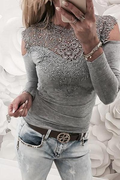 Lace Slim Scoop Patchwork Long Sleeves Cut Out Blouse