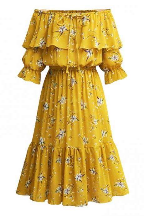 Mustard Yellow Floral Print Chiffon Off-the-shoulder Half Sleeves Midi A-line Dress