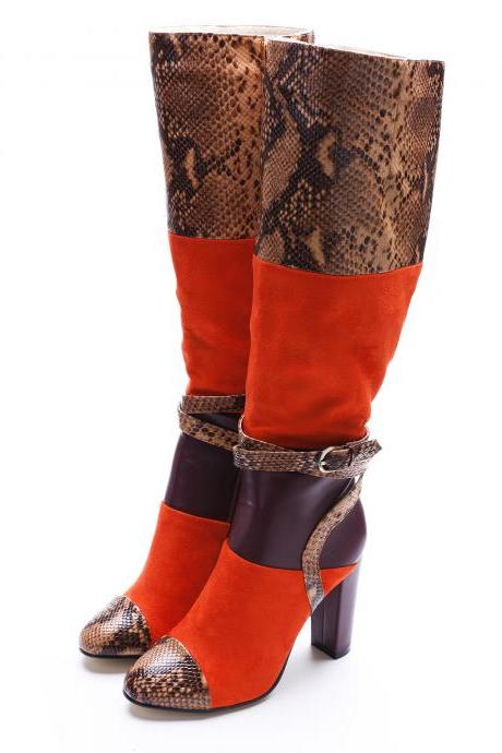 Patchwork PU Chunky Heel Round Toe Belt Buckle Knee-length Boots