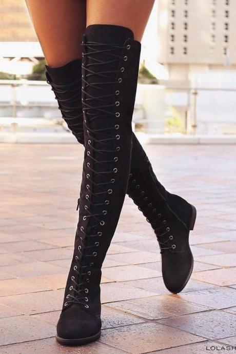 Suede Low Chunky Heel Lace Up Side Zipper Over The Knee Boots