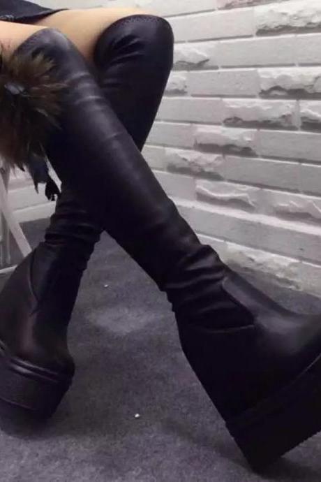Fur Decorate Inside Heel Platform Wedge Over The Knee Boots
