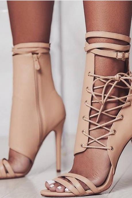 Side Lace Up And Zipper Open-toe Stiletto High Heels Sandals