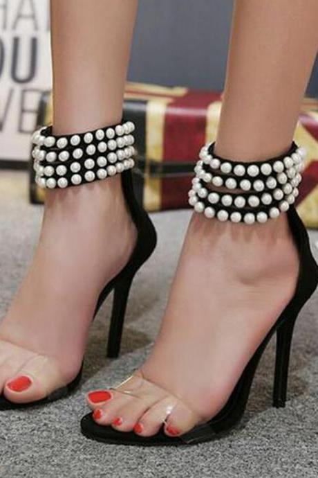 Pearl Transparent Stiletto High Heels Dress Sandals