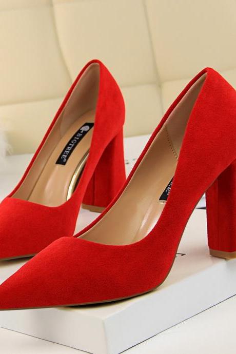 Red Faux Suede Pointed-Toe Chunky Heels 