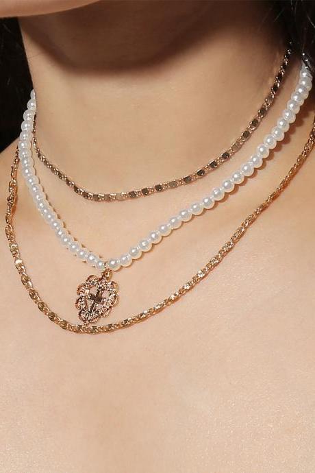 Pearl Heart Cross Clavicle Necklace