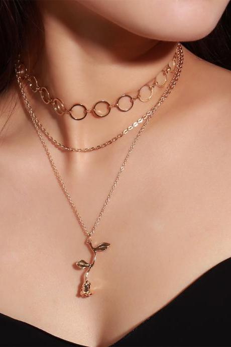 Alloy Rose Pendant With Multiple Clavicle Necklaces