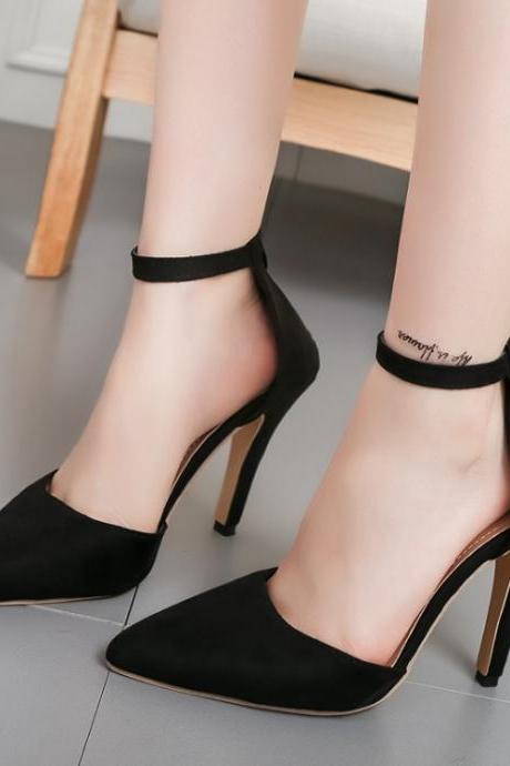 Faux Black Suede Pointed-Toe Ankle Strap High Heels Featuring Zipper Back