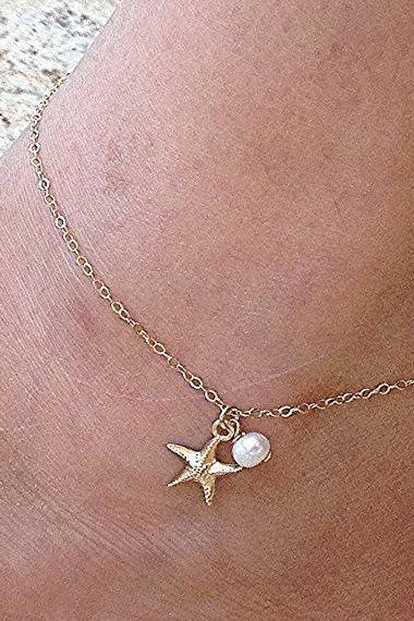 Starfish Pearl Gold Plated Simple Anklets