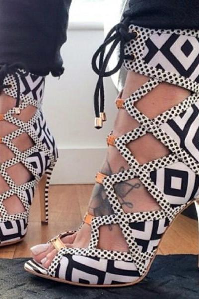 Plaid Hollow Out Ankle Wrap Stiletto High Heel Sandals
