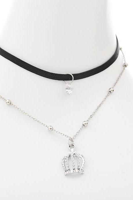 Crown Pendant Leather Strap Alloy Clavicular Necklace