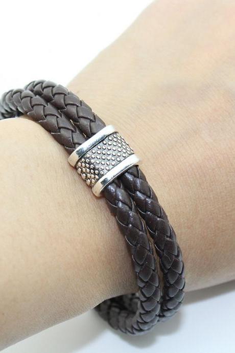 Fashion Stainless Steel Hollow-out Genuine Leather Woven Bracelet