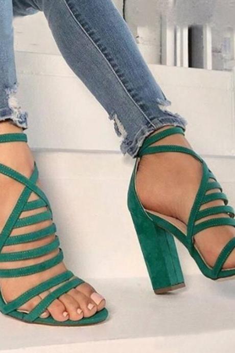 2018 Green Ankle Wrap Open Toe Straps High Chunky Heel Sandals