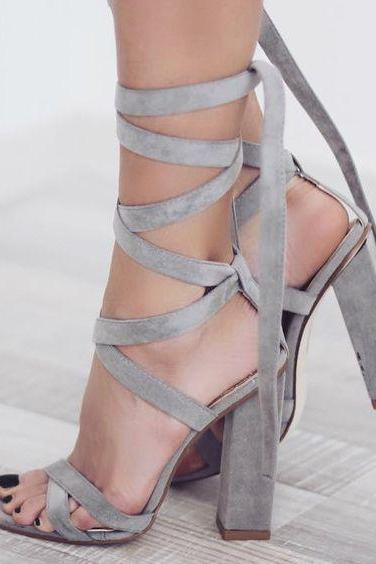 Straps Lace Up Suede High Chunky High Heels Sandals