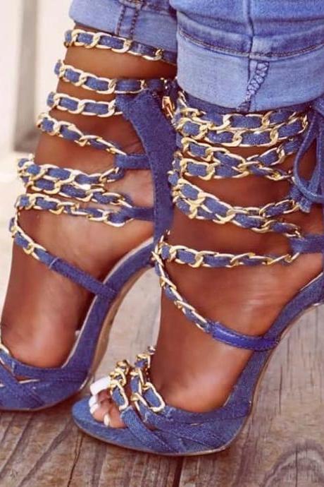 Chain Back Zipper Lace Up Peep-toe Stiletto Heel High Heel Sandals