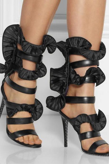 Lotus Stiletto Heel Open-toe Zipper High Heel Black Sandals