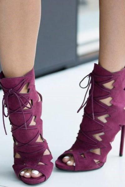 Hollow Out Peep Toe Lace Up Ankle Boot Stiletto High Heel Sandals