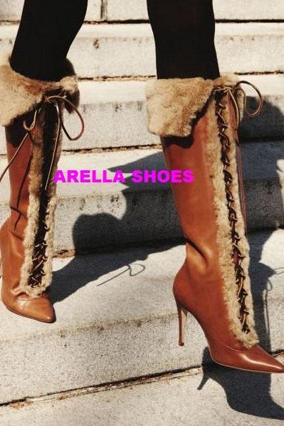 Faux Fur Pointed Toe Lace Up Stiletto High Heel Knee-length Boots