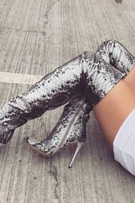 Serpentine Side Zipper Pointed Toe Stiletto High Heel Over The Knee Boots