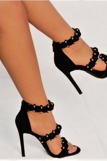 Simple Style Rivets Straps Open Toe Stiletto High Heel Sandals