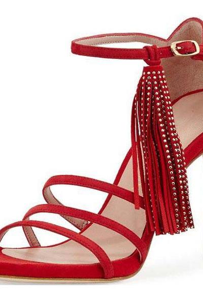 Tassels Suede Simple Ankle Strap High Heel Red Women's Sandals