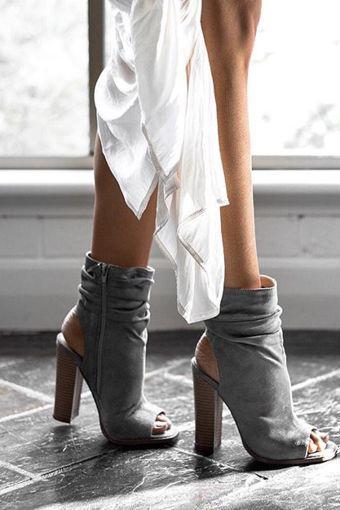 Peep Toe Hollow Out Side Zipper Ankle Boot High Chunky Heel Gray Sandals