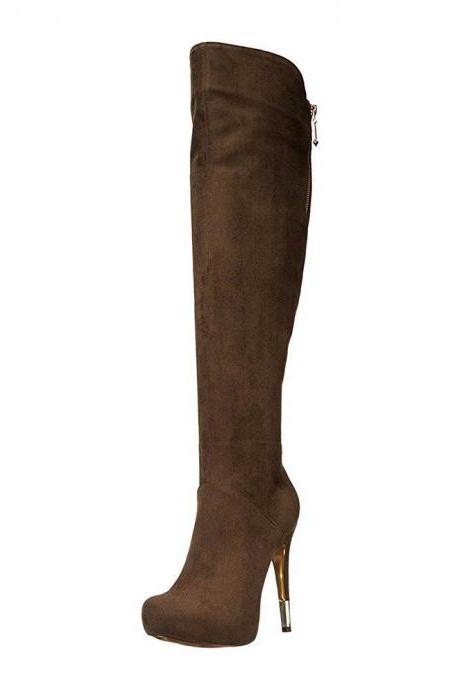 Suede Stiletto Heel Round Toe Zipper Over the Knee Brown Long Boots