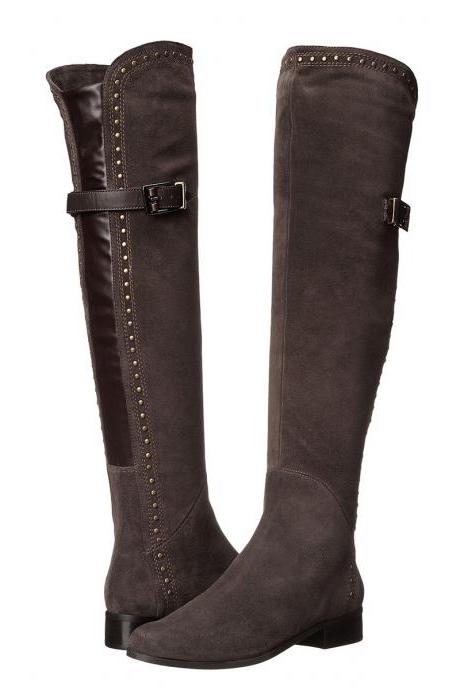 Belt Buckle Low Chunky Heel Round Toe Over The Knee Long Boots