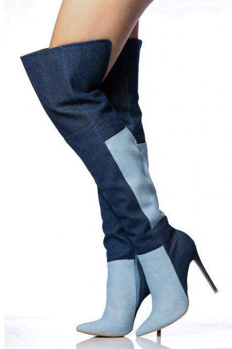 Patchwork Color Block Denim Stiletto High Heel Pointed Toe Over the Knee Long Boots