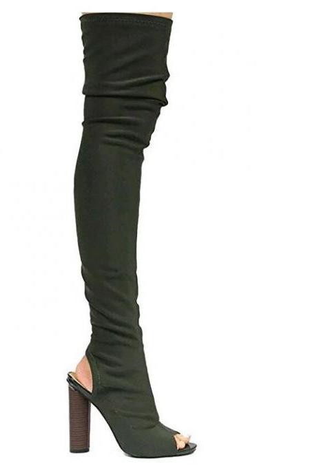 Paddy Cut Out Peep Toe High Chunky Heel Over the Knee Long Boots