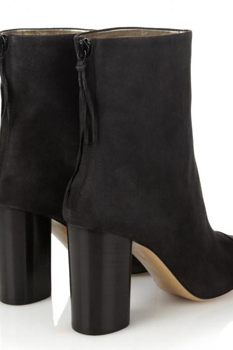 Solid Color Pointed Toe Back Zipper High Chunky Heel Ankle Boots