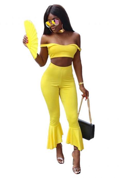 Candy Color Off Shoulder Crop Top With High Waist 7/10 Trumpet Pants Two Pieces Outfit
