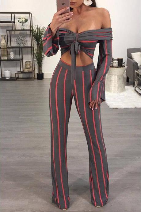 Sriped Off Shoulder Long Flare Sleeves Cami Top With Long Wide-leg Pants Two Pieces Set Outfits