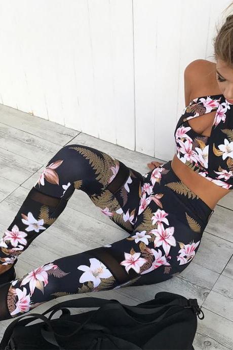 Flower Print Cami High Waist Long Skinny Pants Two Pieces Yoga Sports Clothing Set
