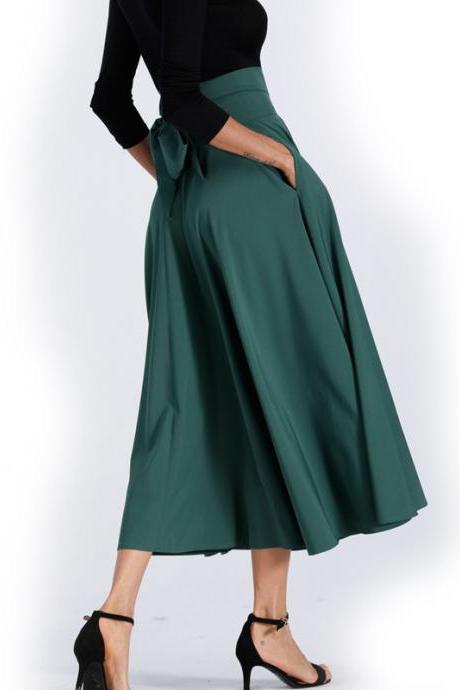 Back Straps Bowknot High Waist Long Swing Skirt with Pockets