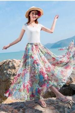 Big Hemline High Waist Floral Print Loose Long Chiffon Beach Skirt