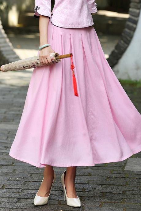 Retro High Waist Tea-length Pleated Long Swing Skirt