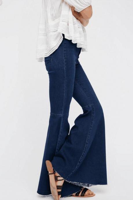 High Waist Pure Color Slim Zipper Big Bell-bottomed Long Jeans Denim Pants
