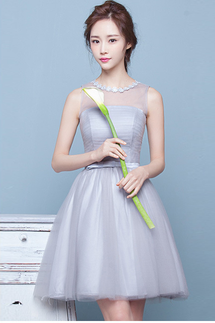 Scoop Tulle Mesh Patchwork Pleated High Waist Short Party Bridesmaid Dress