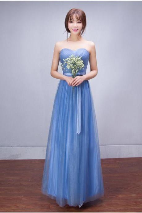 Strapless Pleated Empire High Waist Long Tulle Bridesmaid Party Dress