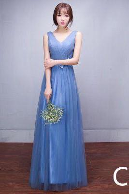 V-neck Pleated Empire High Waist Long Tulle Bridesmaid Party Dress