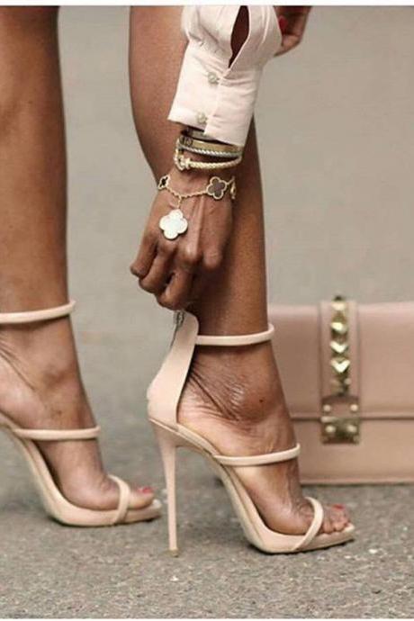 Simple Straps Open Toe Ankle Wrap Back Zipper Women High Heel Sandals