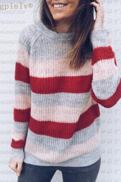 Stripes Color Patchwork Loose Scoop Women Pullover Sweater