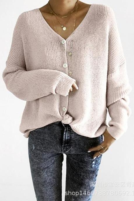 V-neck Buttos Loose Cardigan Women Sweater