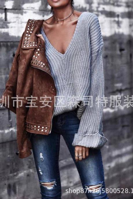 Solid Color Deep V-neck Loose Long Curl Sleeves Women Pullover Sweater