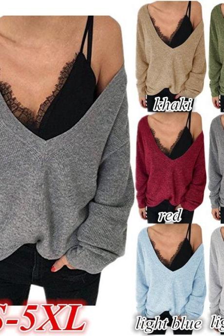Off the Shoulder V-neck Loose Women Pullover Sweater