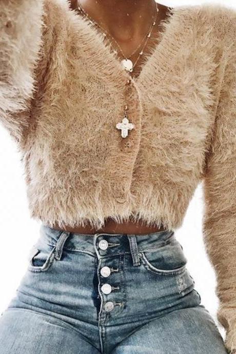 V-neck Buttons Loose Mohair Women Cropped Cardigan