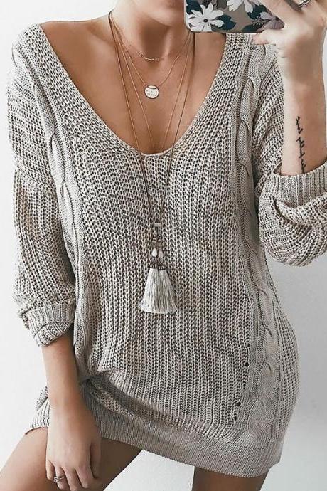 V-neck Cable Knit Loose Women Pullover Oversized Sweater Dress
